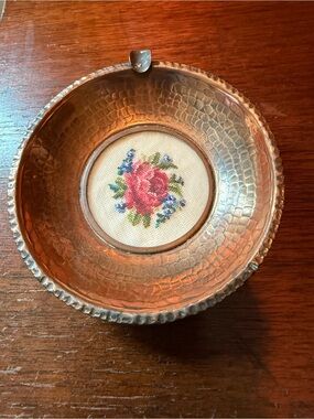 Vintage Copper Trinket Dish with Floral Needlepoint Accent - Copper